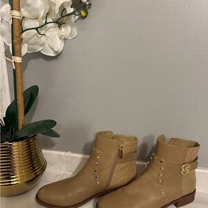 MICHAEL Michael Kors Cognac Tan Leather Ankle Booties with Gold Accents